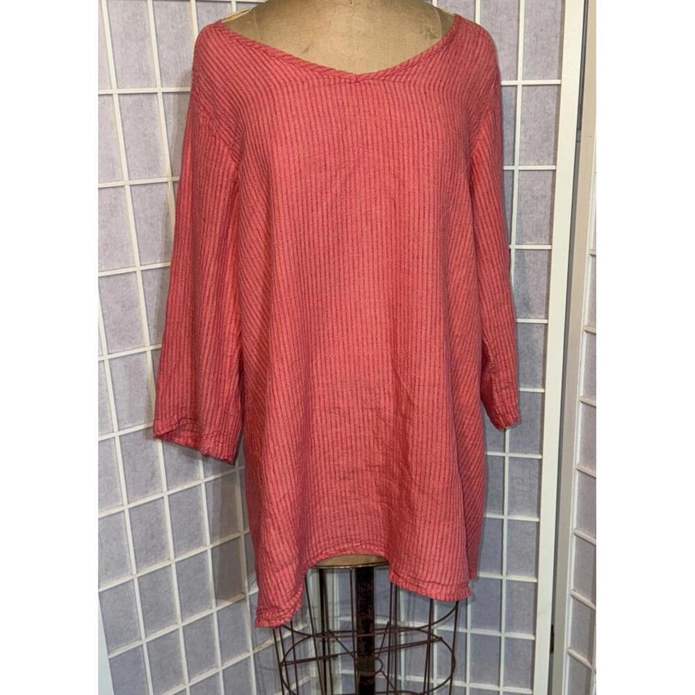 FLAX Coral Striped V-Neck‎ Minimalist Lagenlook 100% Linen Medium Tunic Top